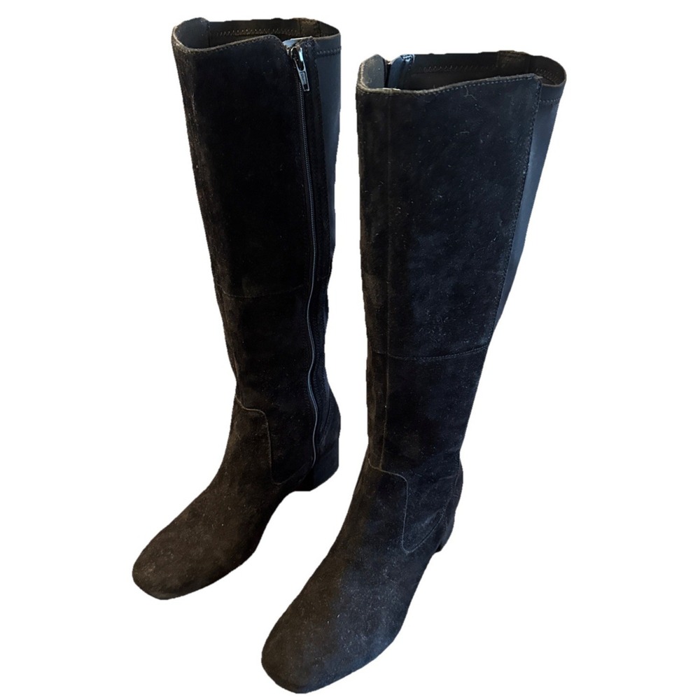 Clarks Marilyn Abby Black Suede Knee High Boots Womens 8.5M‎ Side Zip Block Heel